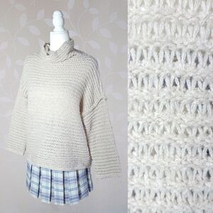 Aerie Cozy Fuzzy Open Knit Cowl Neck Sweater Oversized Cream Small